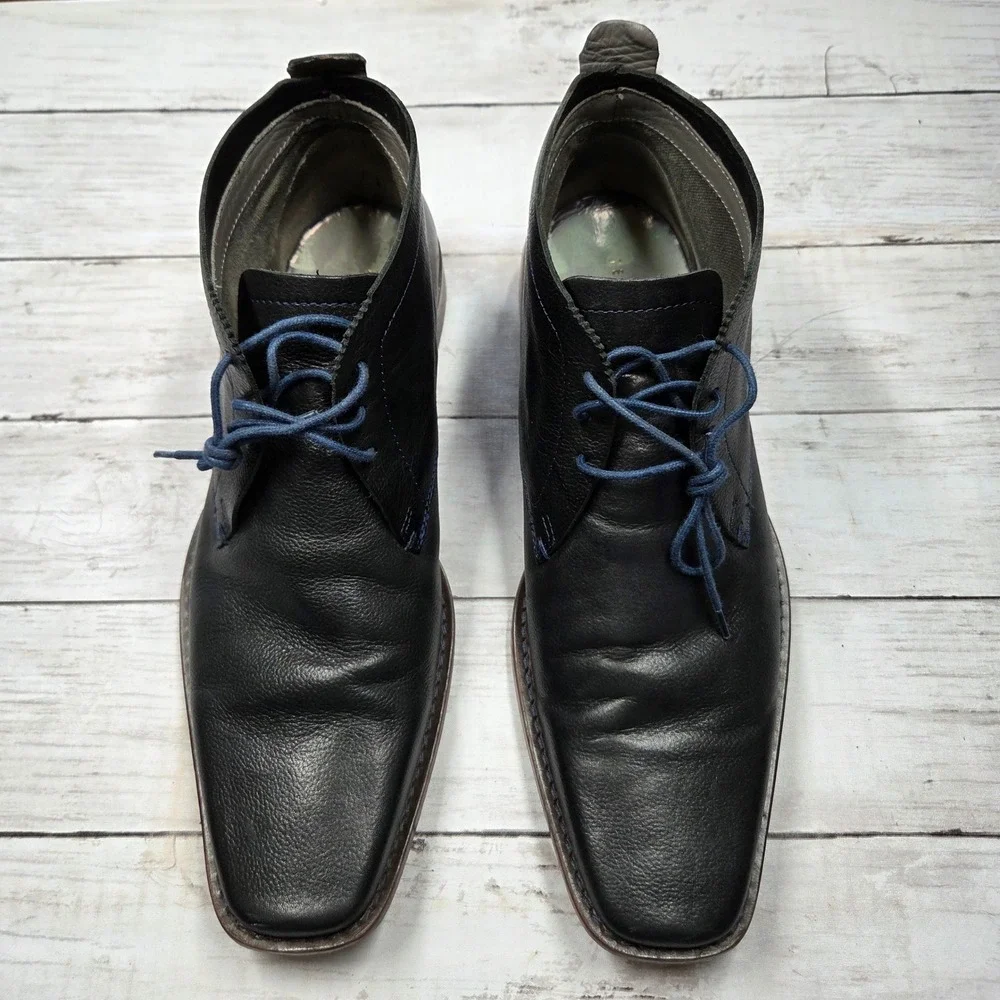 Ted Baker Ashcroft 4 Chukka Boot Square Toe Men 10 Black Leather Blue Stitching
